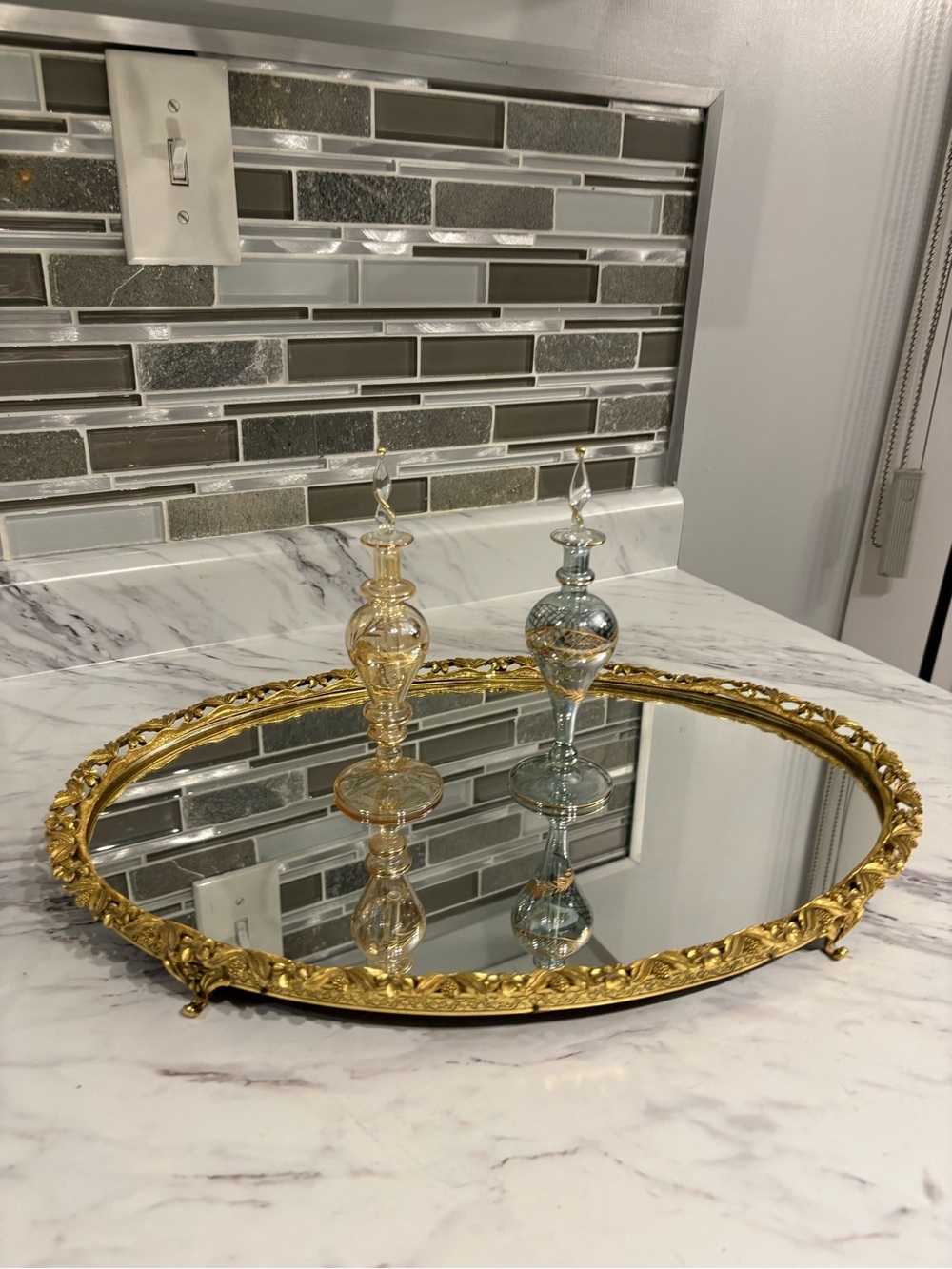 Vintage vanity tray with glass perfume bottles hand blown Egyptian glass